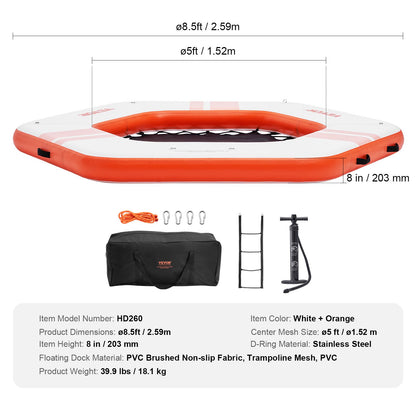Inflatable Floating Dock, ø8.5FT Inflatable Dock Platform with ø5FT Trampoline Net Pool, Non-Slip Floating Platform Water Mat with Portable Bag and Removable Ladder for Poolside Relaxation