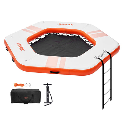Inflatable Floating Dock, ø8.5FT Inflatable Dock Platform with ø5FT Trampoline Net Pool, Non-Slip Floating Platform Water Mat with Portable Bag and Removable Ladder for Poolside Relaxation