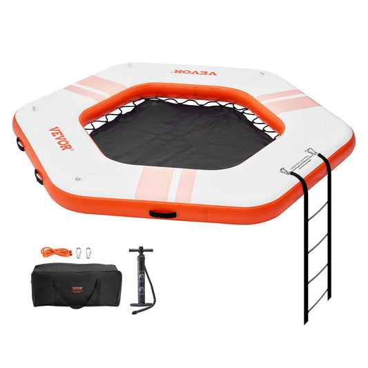 Inflatable Floating Dock, ø8.5FT Inflatable Dock Platform with ø5FT Trampoline Net Pool, Non-Slip Floating Platform Water Mat with Portable Bag and Removable Ladder for Poolside Relaxation