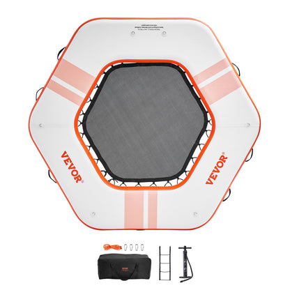 Inflatable Floating Dock, ø8.5FT Inflatable Dock Platform with ø5FT Trampoline Net Pool, Non-Slip Floating Platform Water Mat with Portable Bag and Removable Ladder for Poolside Relaxation