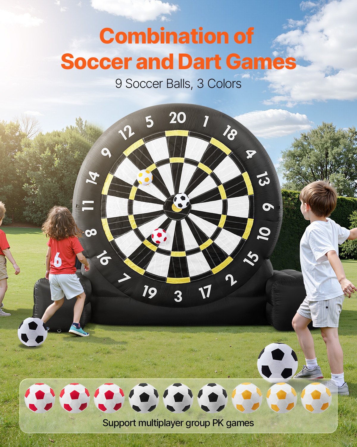 Inflatable soccer dart board over 8 feet high with 9 kick balls and air pump