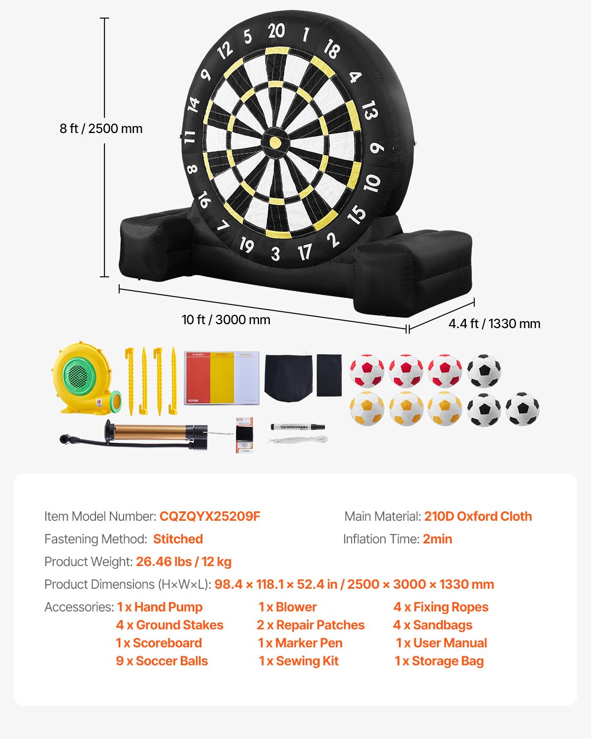 Inflatable soccer dart board over 8 feet high with 9 kick balls and air pump