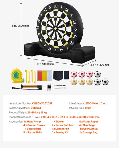 Inflatable soccer dart board over 8 feet high with 9 kick balls and air pump