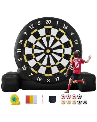 Inflatable soccer dart board over 8 feet high with 9 kick balls and air pump
