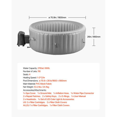 Uppblåsbar Bubbelpool 2 till 4 Personer 1800 x 660 mm Rund Portabel Utomhusspa |  EU