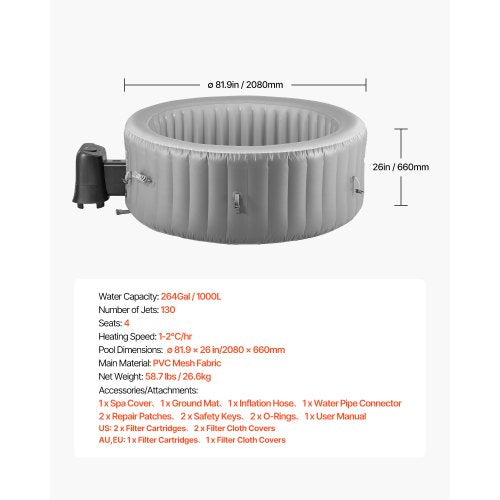 Uppblåsbar Bubbelpool 4 till 6 Personer 2080 x 660mm Rund Portabel Utomhusspa |  EU