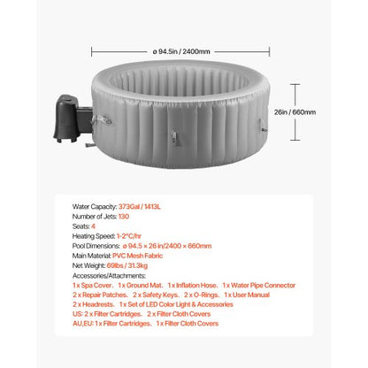 Aufblasbarer Whirlpool, 6 bis 8 Personen, Kapazität 2400 x 660 mm, tragbarer Outdoor-Spa