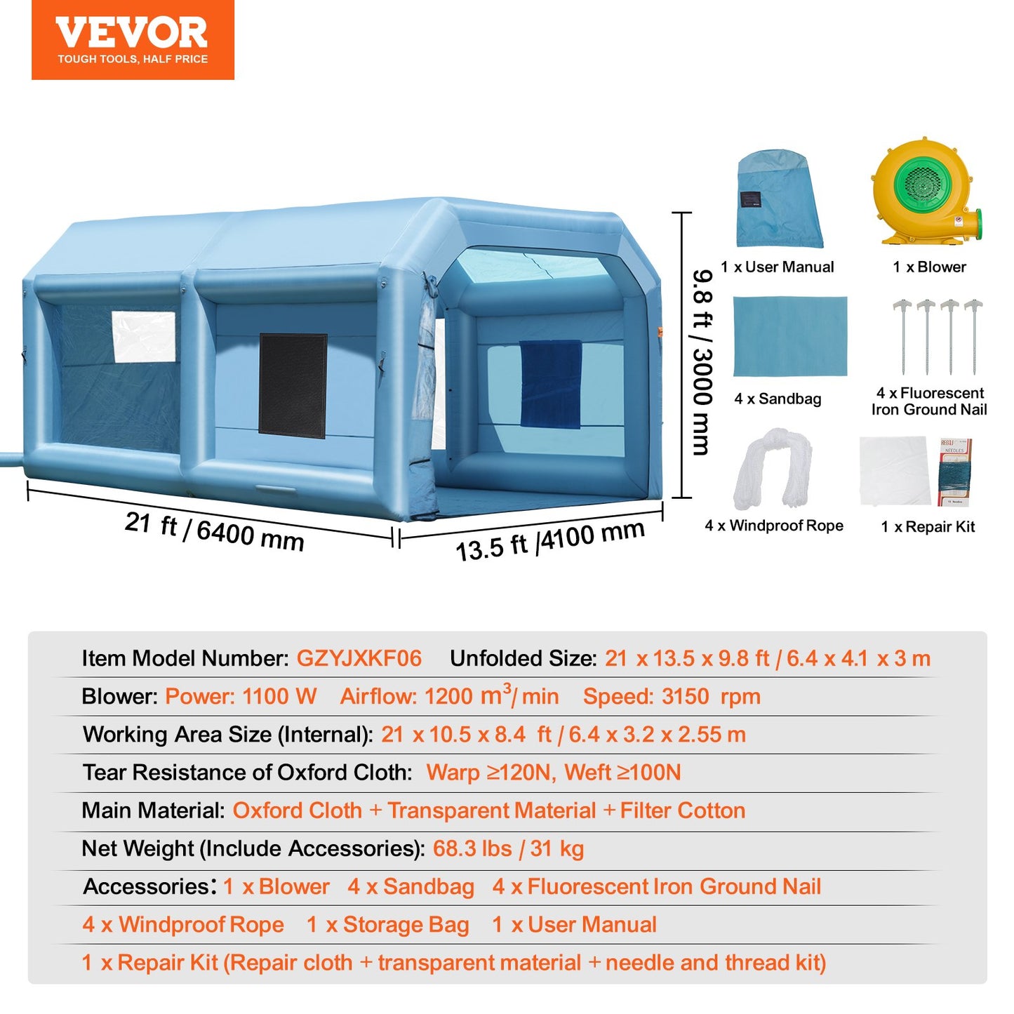 Uppblåsbar lackbox, 21 x 13,5 x 9,8 fot uppblåsbar sprutbox, med 1100 W kraftfullt blås- och luftfiltersystem, bärbar billackbox för medelstora fordon, stor möbelmålning