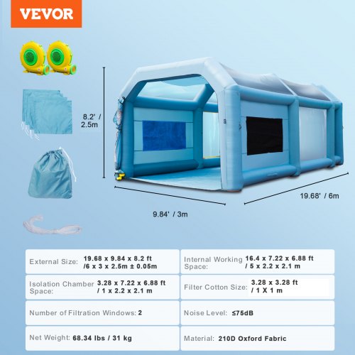 Inflatable Spray Booth Car Paint Tent 20x10x8ft Filter System 2 Blowers