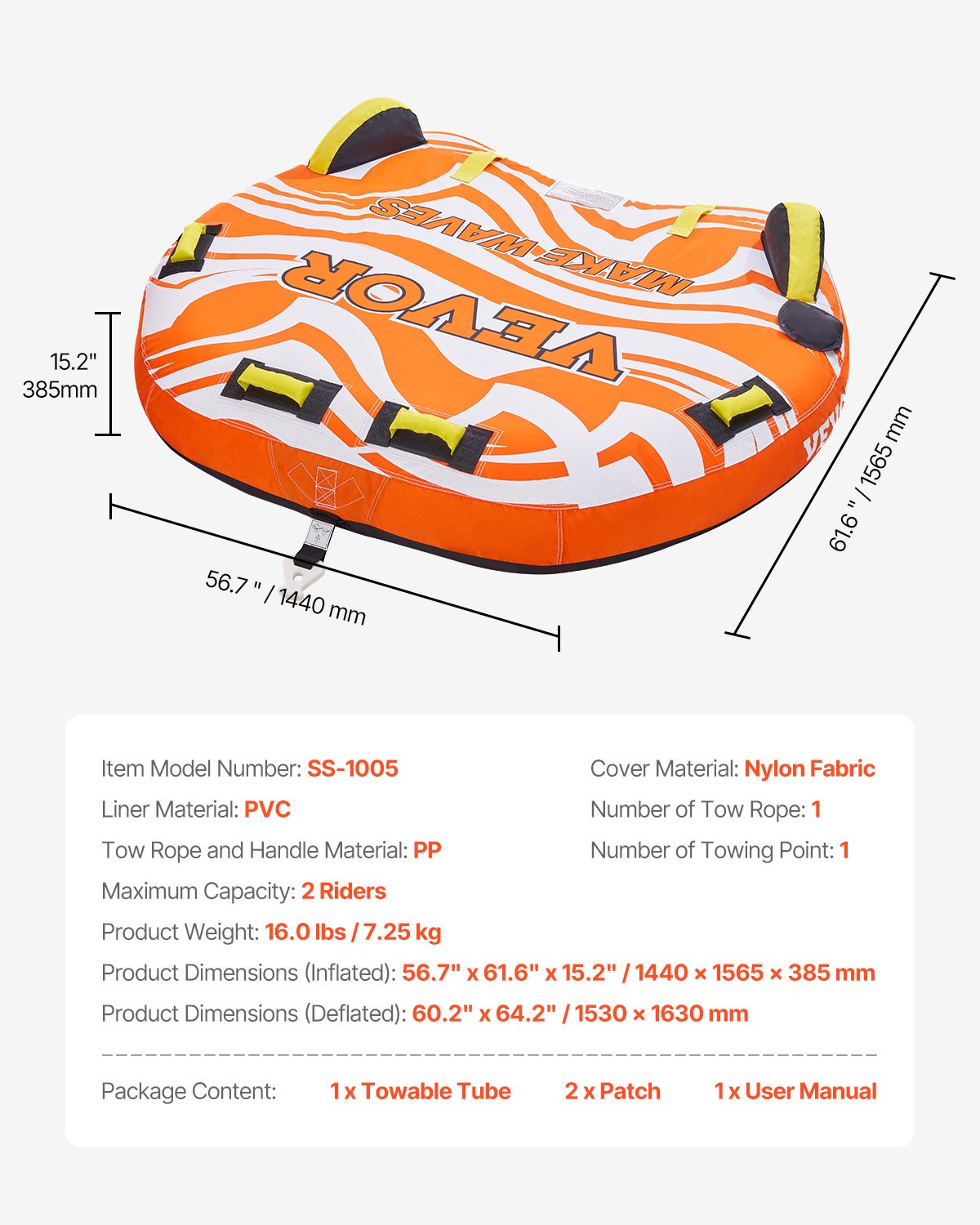 Tow hose for boating 1-2 drivers inflatable boat tubes and trailers