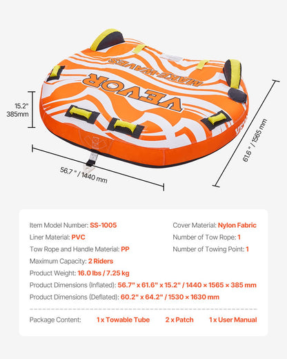 Tow hose for boating 1-2 drivers inflatable boat tubes and trailers