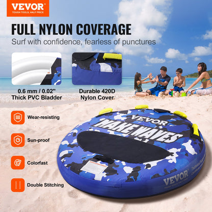 Towable Tube for Boating, 1-2 Rider Inflatable Boat Tubes and Tugboats, 340 lbs, 51.8" Round Water Sport Towable Tube for Boat to Tow, Full Nylon Cover, EVA Grip Handle and Speed Safety Valve