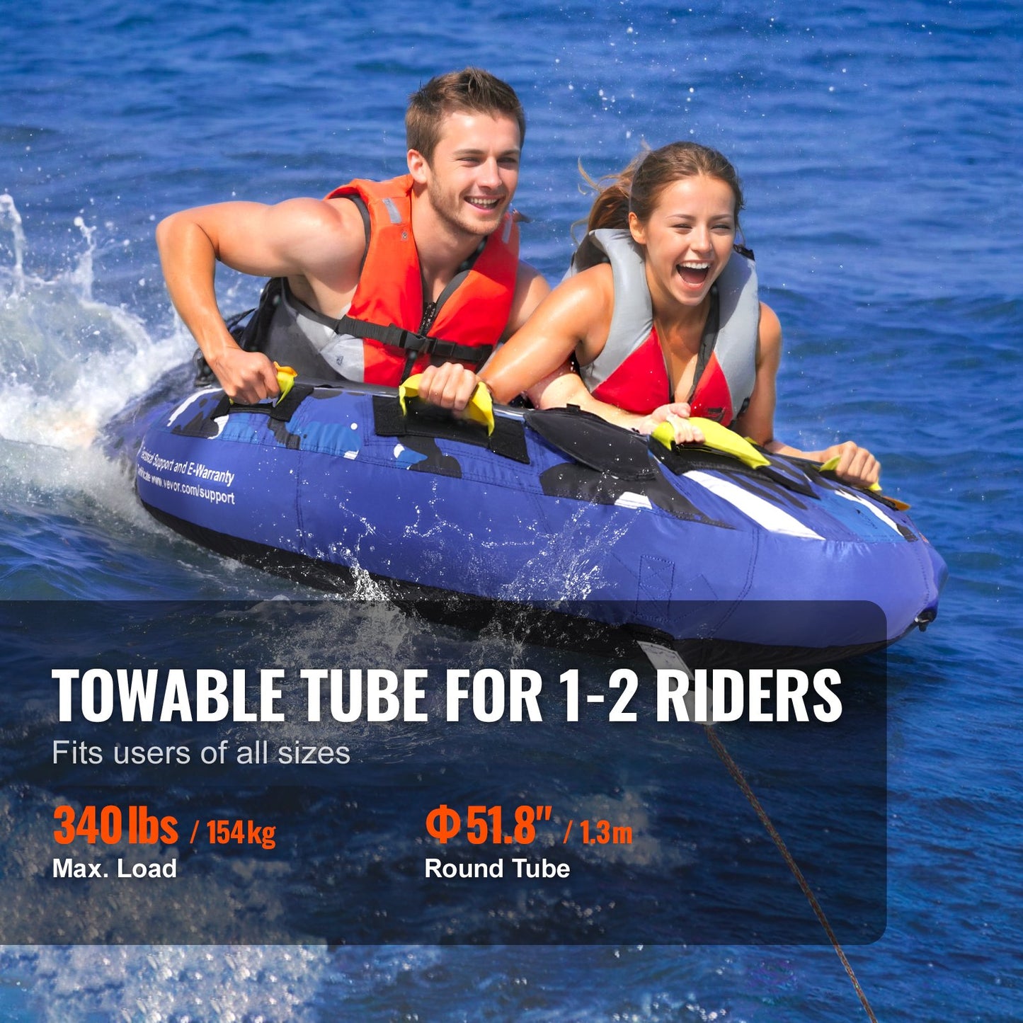 Towable Tube for Boating, 1-2 Rider Inflatable Boat Tubes and Tugboats, 340 lbs, 51.8" Round Water Sport Towable Tube for Boat to Tow, Full Nylon Cover, EVA Grip Handle and Speed Safety Valve