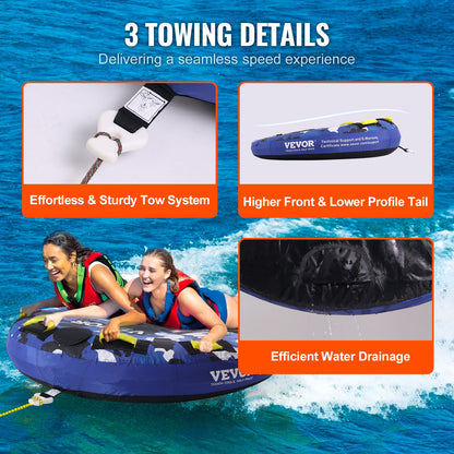 Towable Tube for Boating, 1-2 Rider Inflatable Boat Tubes and Tugboats, 340 lbs, 51.8" Round Water Sport Towable Tube for Boat to Tow, Full Nylon Cover, EVA Grip Handle and Speed Safety Valve