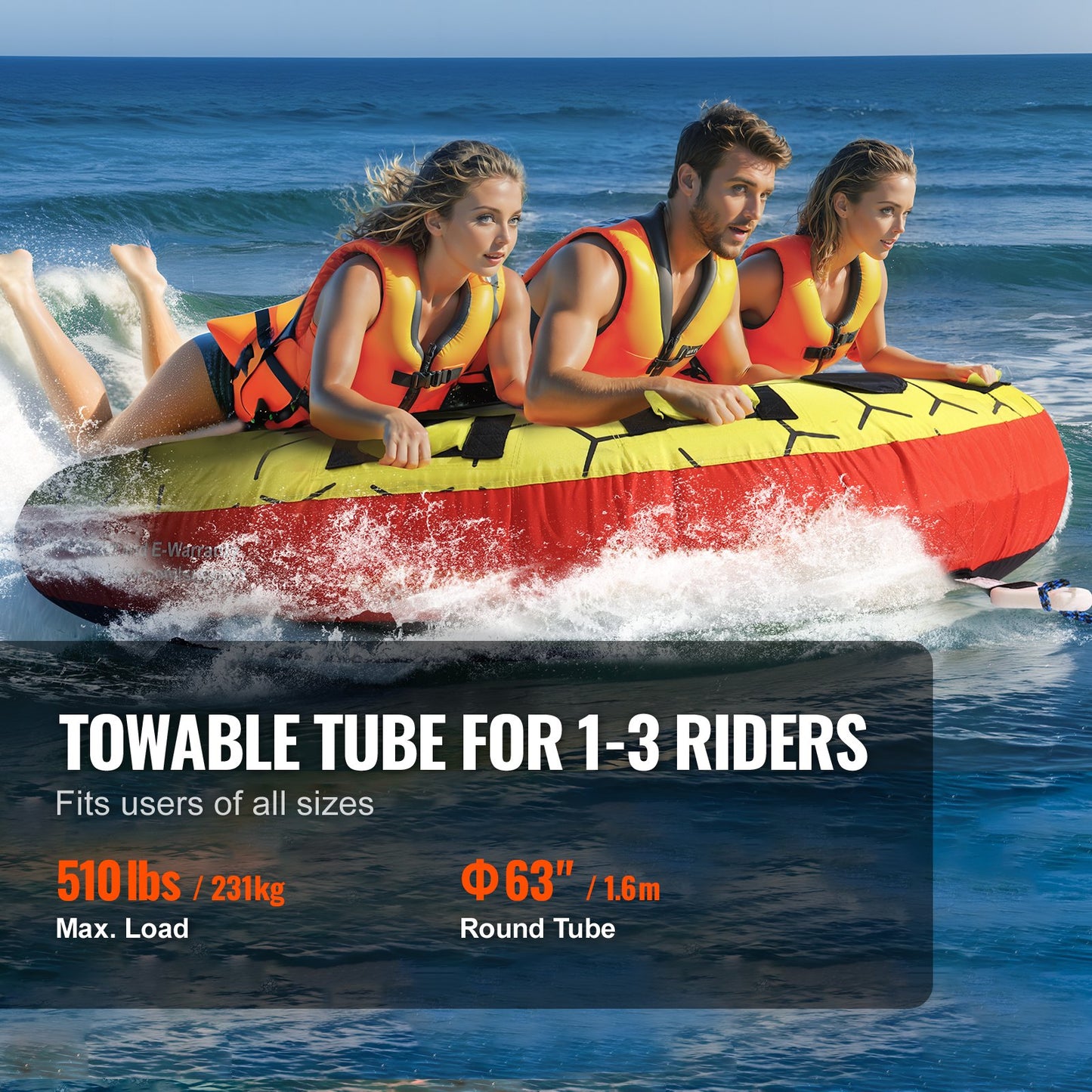Boating Tow Tube, 1-3 Rider Inflatable Boat Tubes and Trailers, 510 lbs, 63" Round Water Sport Tow Tube for Boats to Tow, Full Nylon Cover, EVA Grip Handle and Speed Safety Valve
