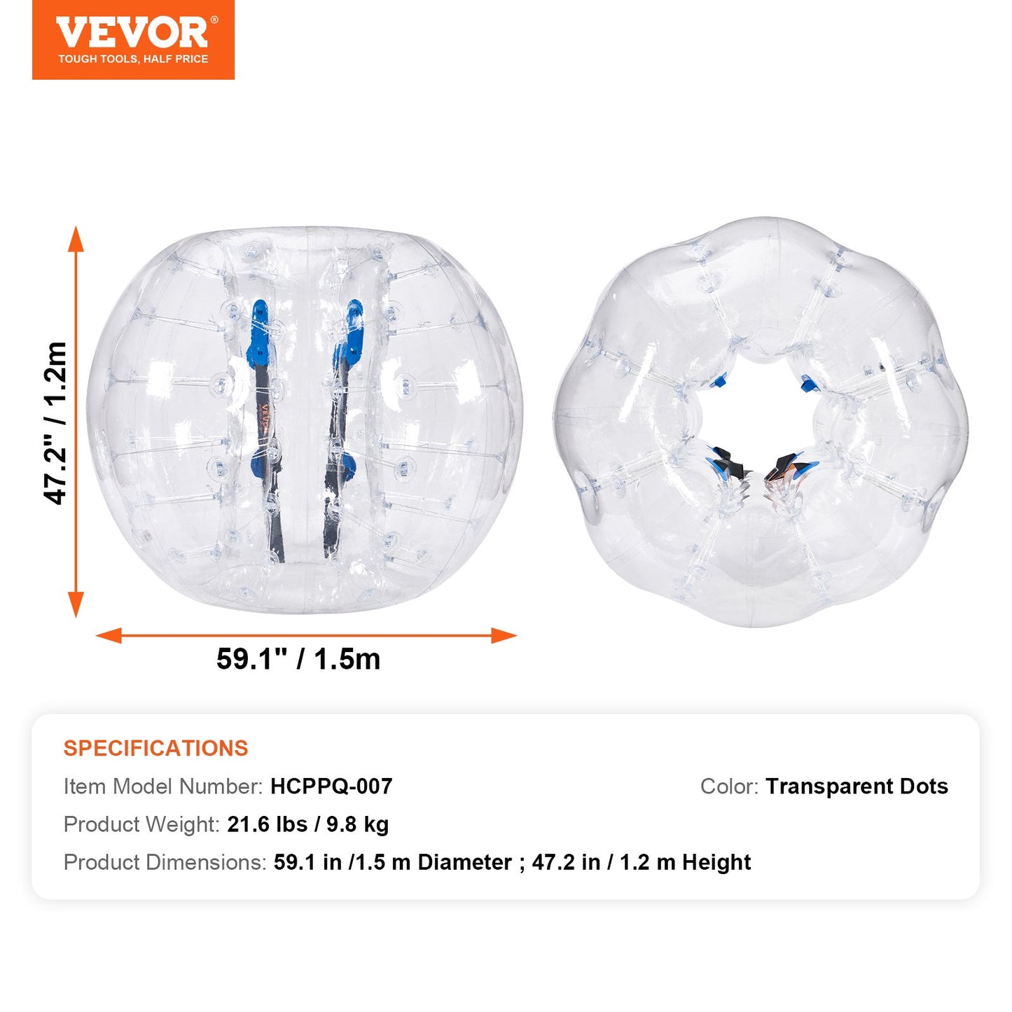 Uppblåsbar Bumper Ball 1-pack, 5FT/1,5 M Body Sumo Zorb Balls för tonåringar och vuxna, 0,8 mm tjocka PVC-bubblebollar för mänsklig hamster för utomhusspel för lagspel, Bumper Bopper-leksaker för trädgård, trädgård, park