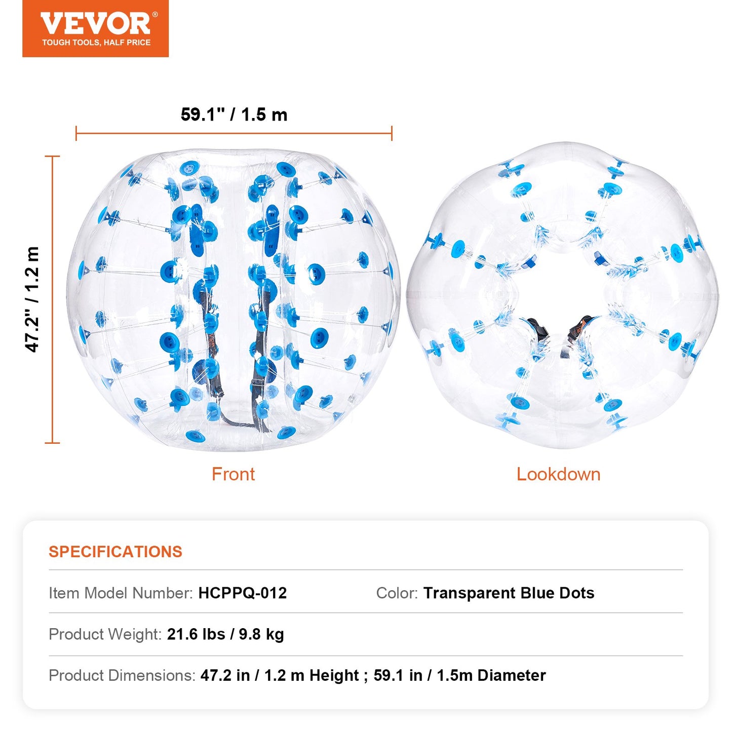 Uppblåsbar Bumper Ball 1-pack, 5FT/1,5 M Body Sumo Zorb Balls för tonåringar och vuxna, 0,8 mm tjocka PVC-bubblebollar för mänsklig hamster för utomhusspel för lagspel, Bumper Bopper-leksaker för trädgård, trädgård, park