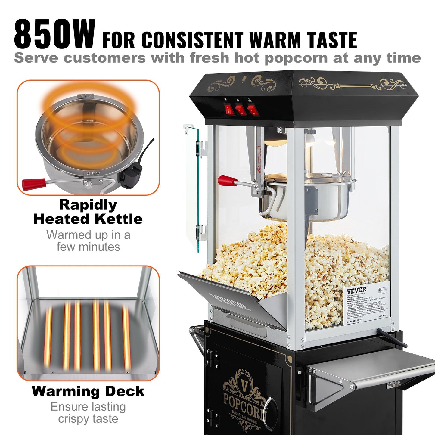 Popcorn Popper Machine with Cart Popcorn Maker 850W 8 Oz 48 Cups Black