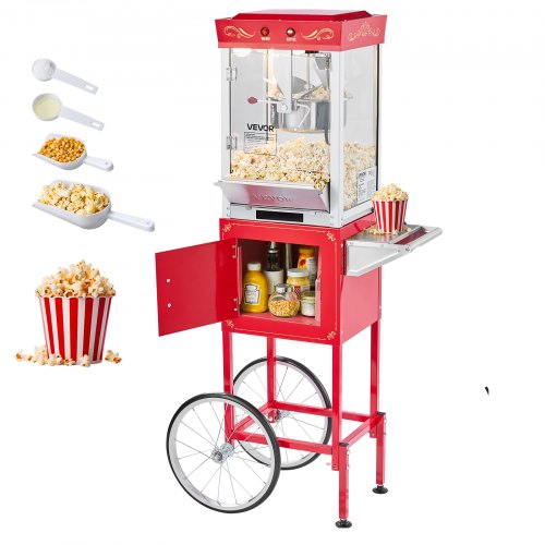 Popcorn Machine with Cart, 8oz Stainless Steel Kettle, 800W Commercial Popcorn Maker, 48 Cups per Batch Theater Style Popper, with 2-Button Control Glass Wall PC Door 1 Scoop 3 Spoons, Red