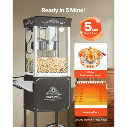Popcornmaskin med vagn Popcorn Popper Maker 800W 0,2kg Vattenkokare Svart |  EU