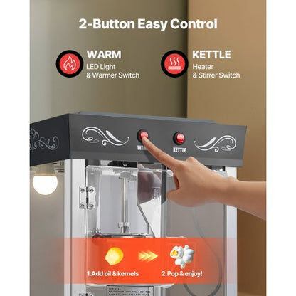 Popcornmaskin med vagn Popcorn Popper Maker 800W 0,2kg Vattenkokare Svart |  EU