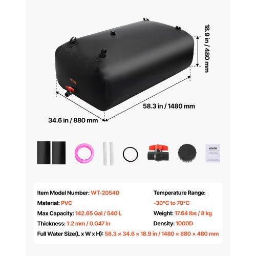 Vattenlagringsblåsa, 540L Vattenlagringsbehållare, 1000D PVC Storkapacitet Mjuk Påse Blåsa, Hopfällbar Bärbar För Trädgårdsbevattning, Camping, Husbil, Nödanvändning - Svart |  EU