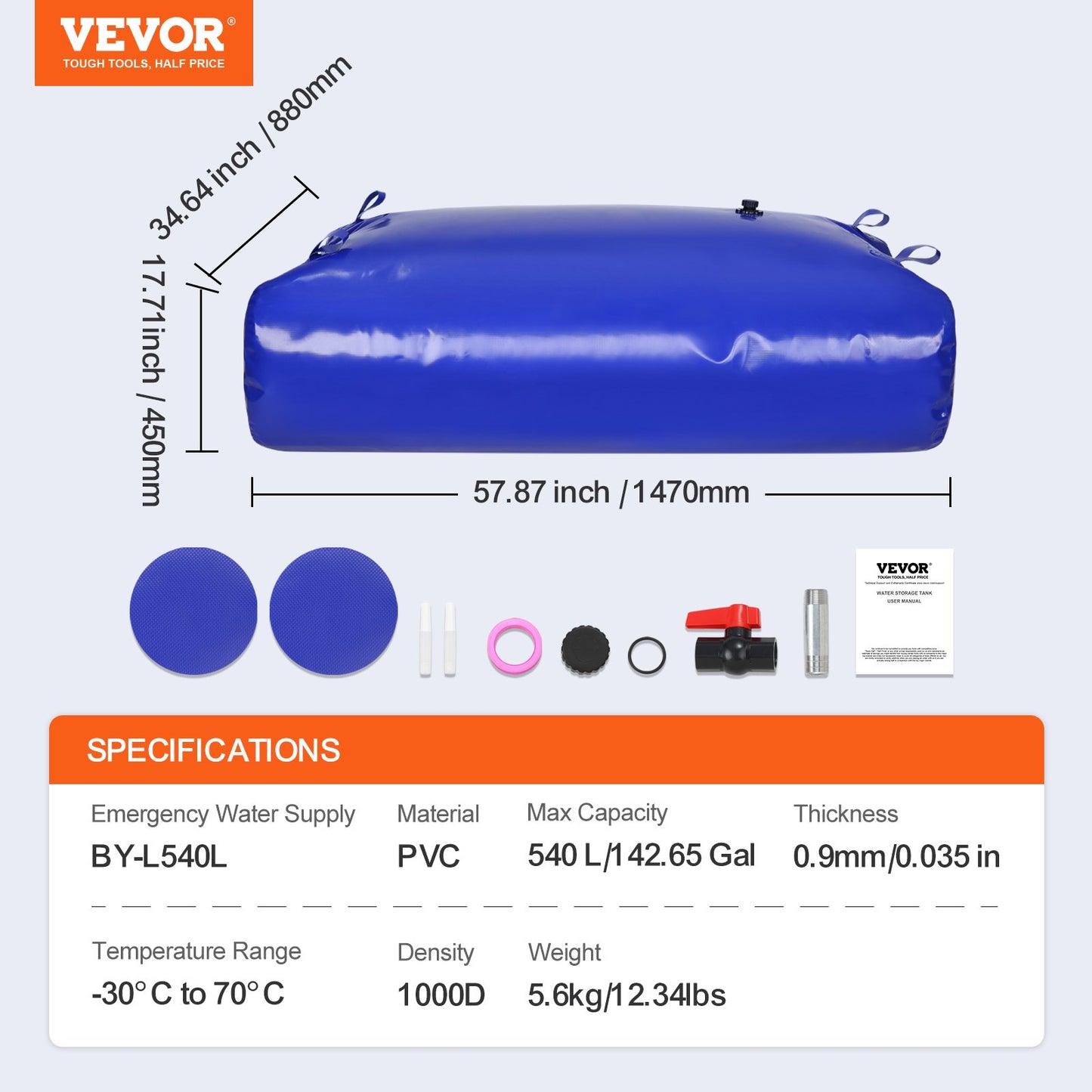 Bärbar vattenlagringsblåsa 142,7 Gal 1000D PVC-hopfällbar vattentank