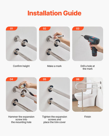 Toalettsäkerhetsskena med ben 31.5In 300lb Kapacitet Rostfritt stål Handtag