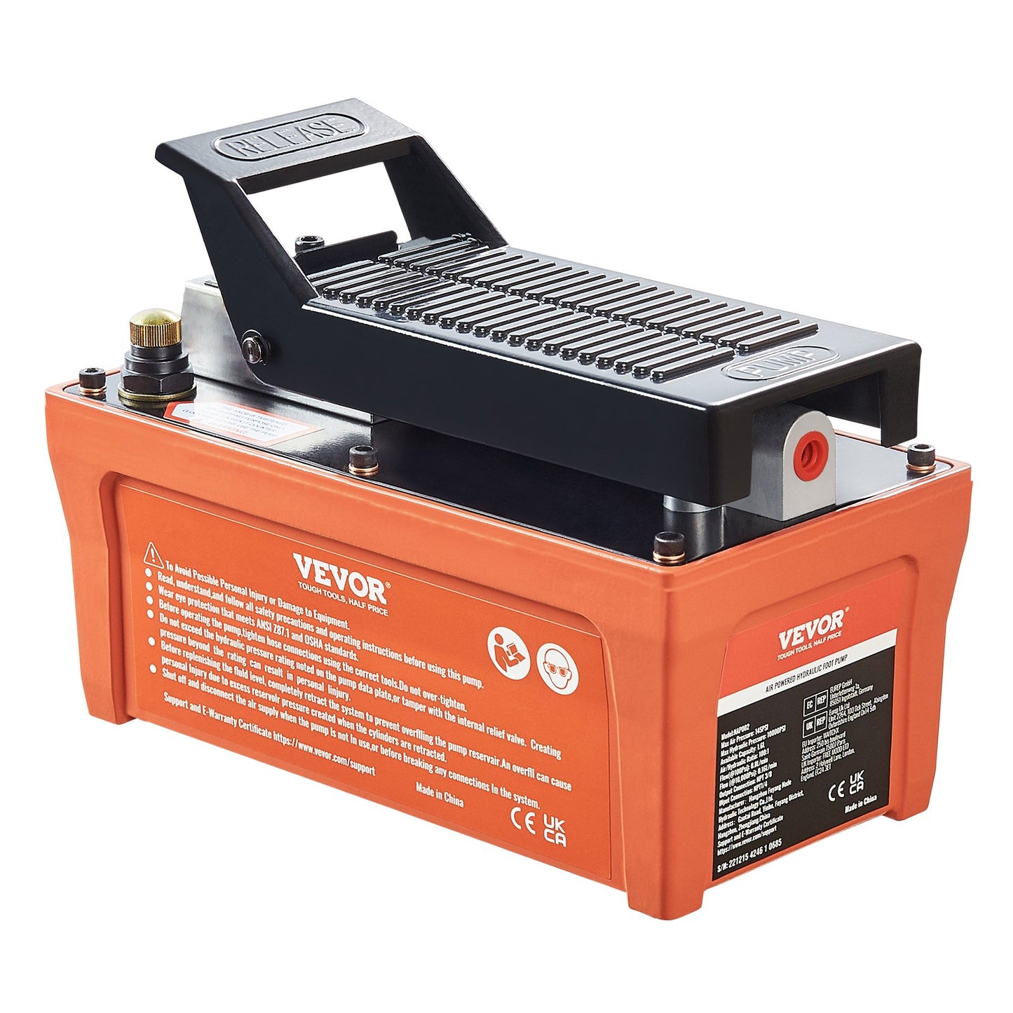 Air Hydraulic Pump, 10,000 PSI 1/2 gal Reservoir, NPT 3/8" Oil Outlet, NPT 1/4" Inlet, 6.6 ft Tube, Foot Operated Hydraulic Pump Air Pedal for Auto Body Machines and Tow Bar, Orange