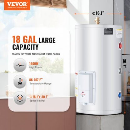 18 Gallon Electric Water Heater Instant Hot 1.6Kw LED Display for Shower | EU