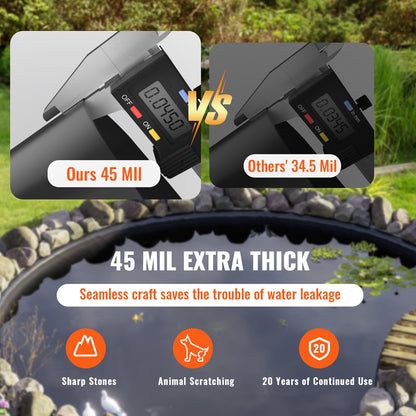 Pond Liner, 15 x 20 ft 45 mil Thickness, Flexible EPDM Material Pond Skin, Easy-to-Cut Underlay for Fish or Koi Ponds, Water Features, Waterfall Base, Fountains, Water Gardens, Black