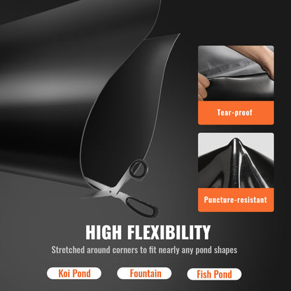 Pond Liner, 30 x 35 ft 45 mil Thickness, Flexible EPDM Material Pond Skin, Easy-to-Cut Underlay for Fish or Koi Ponds, Water Features, Waterfall Base, Fountains, Water Gardens, Black