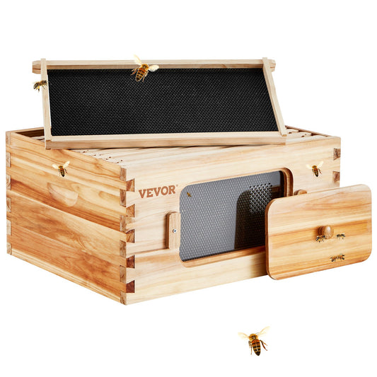 Bee Hive Deep Box Starter Kit, 100% Beeswax Coated Natural Cedar Wood, Langstroth Beehive Kit with 10 Frames and Foundation, Clear Acrylic Beehive Windows for Beginners and Professional Beekeepers