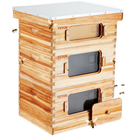 Bee Hive 30 Frame Bee Hives Starter Kit, Beeswax Coated Spruce, 2 Deep + 1 Medium Bee Boxes Langstroth Beehive Kit, Clear Acrylic Windows with Foundation for Beginners Pro Beekeepers