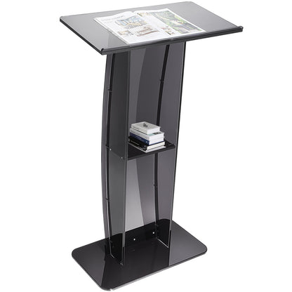 Acrylic Podium, 47" High, Acrylic Podium Stand with Wide Reading Surface and Storage Shelf, Floor Standing Clear Pulpits Acrylic for Church Office School, Black