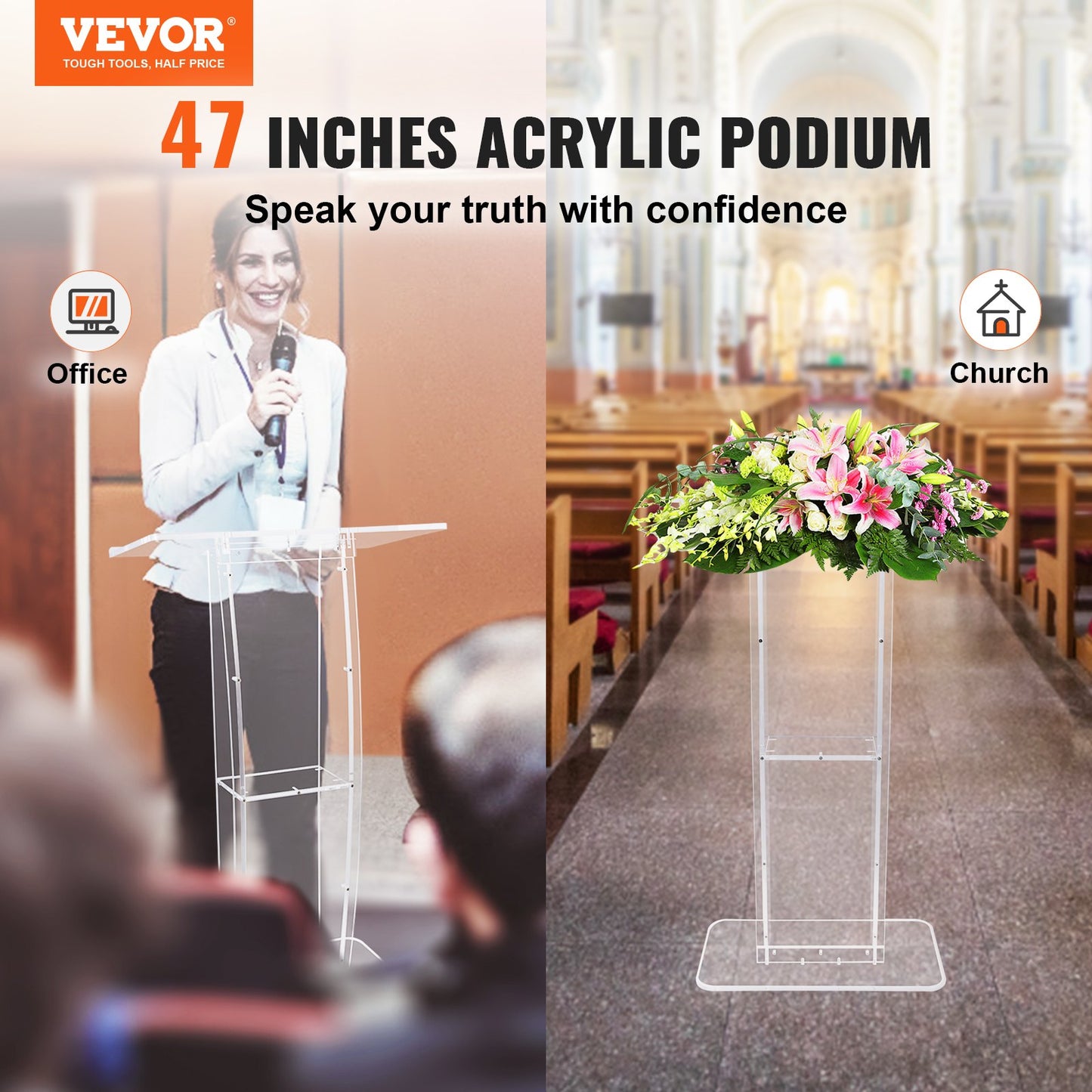 Akrylpodium, 47" högt, genomskinligt akrylpodiumställ med bred läsyta och förvaringshylla, golvstående klara predikstolar akryl för kyrkans kontorsskola
