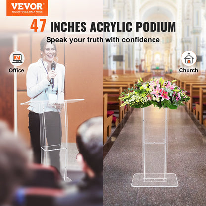 Akrylpodium, 47" högt, genomskinligt akrylpodiumställ med bred läsyta och förvaringshylla, golvstående klara predikstolar akryl för kyrkans kontorsskola