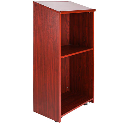 Podium Stand, 47 i Hostess Stand med 4 rullande hjul, Wood Podium med förvaringshyllor och snedställda skrivbord, talarstolar och podier för kyrka, kontor, skola, hem, brun