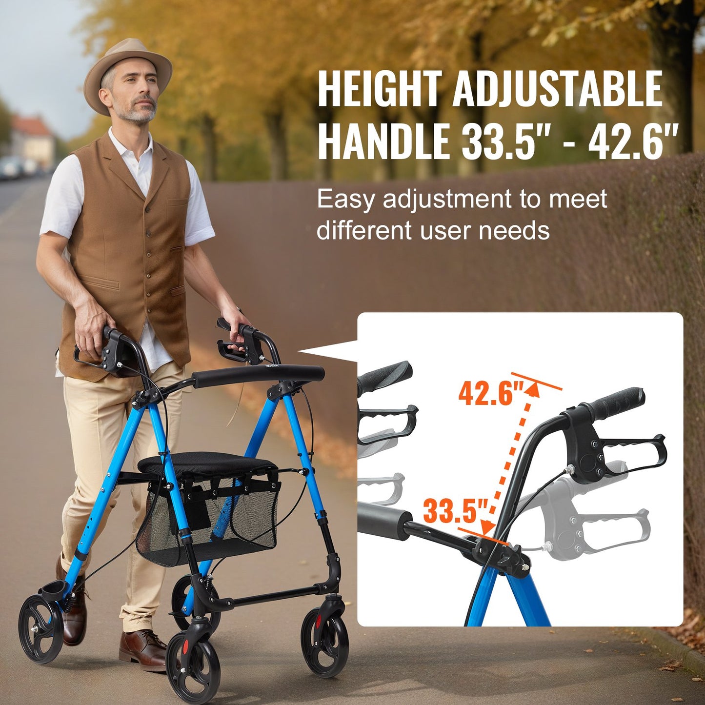 Rollator Walker for Seniors and Adults, Lightweight Folding Aluminum Wheelchair with Adjustable Seat and Handle, Rollator Rollator for Outdoor Use with 8" All-Terrain Wheels, 300 LBS Capacity