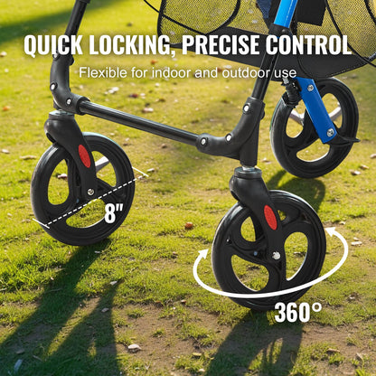 Rollator Walker for Seniors and Adults, Lightweight Folding Aluminum Wheelchair with Adjustable Seat and Handle, Rollator Rollator for Outdoor Use with 8" All-Terrain Wheels, 300 LBS Capacity