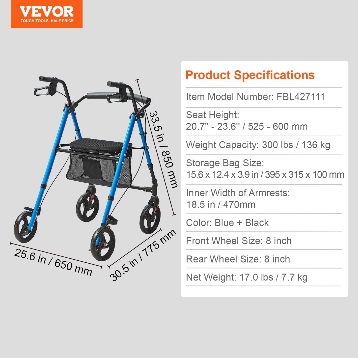 Rollator Walker for Seniors and Adults, Lightweight Folding Aluminum Wheelchair with Adjustable Seat and Handle, Rollator Rollator for Outdoor Use with 8" All-Terrain Wheels, 300 LBS Capacity