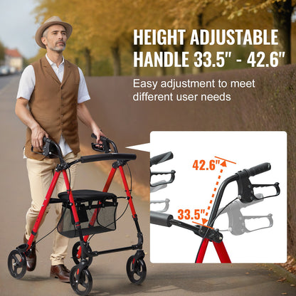 Rollator Walker för seniorer och vuxna, lätt fällbar rullstol i aluminium med justerbar sits och handtag, Rollator Rollator för utomhusbruk med 8" terränghjul, 300 LBS kapacitet