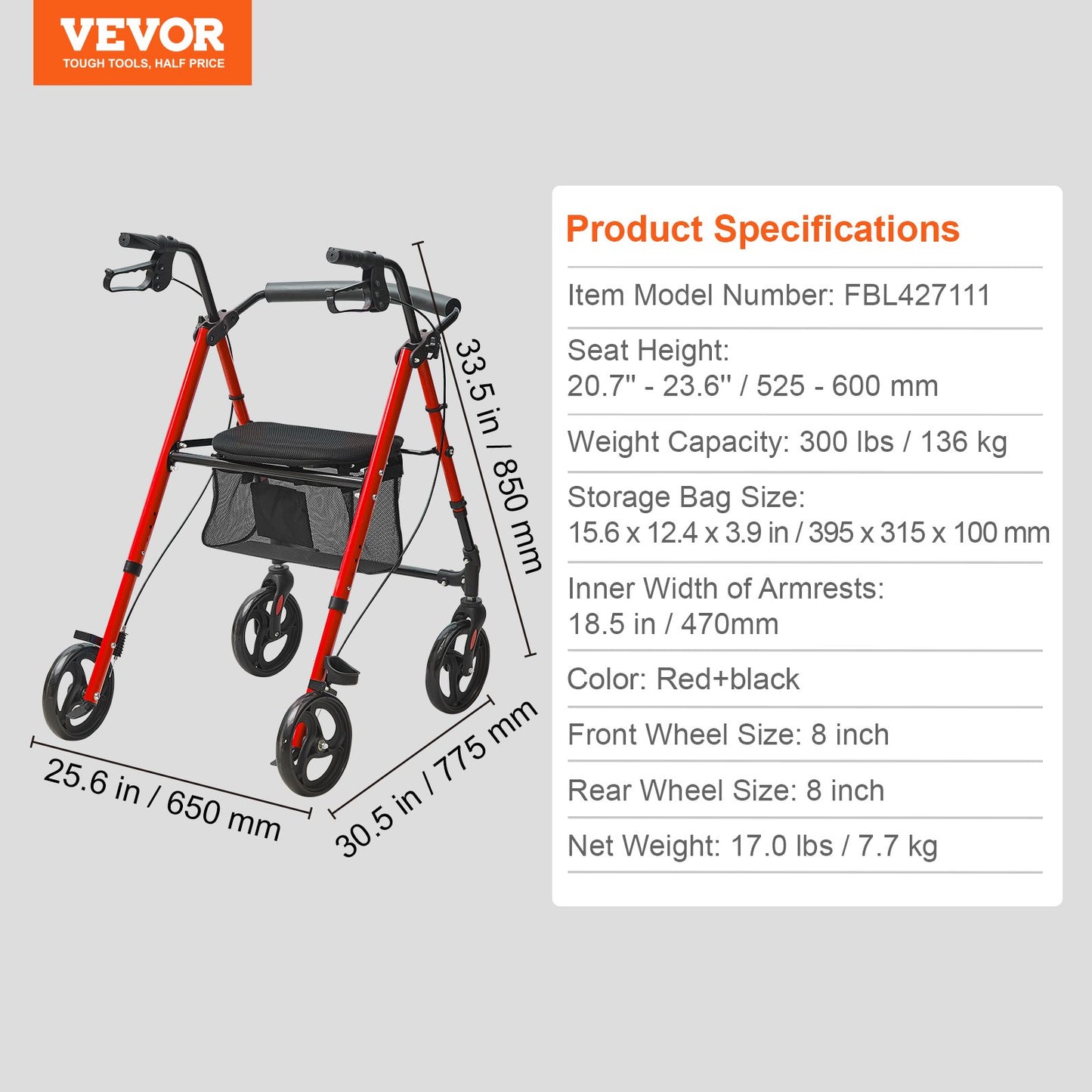 Rollator Walker för seniorer och vuxna, lätt fällbar rullstol i aluminium med justerbar sits och handtag, Rollator Rollator för utomhusbruk med 8" terränghjul, 300 LBS kapacitet
