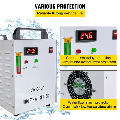 9L Tank Water Chiller CW-3000DG Thermolysis Industrial Water Chiller Water Cooling Chiller for 60W 80W CO2 Glass Laser Tube Chiller