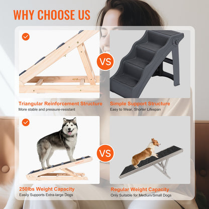 Dog Ramp, Foldable Pet Ramp for Bed, Adjustable Dog Ramp for Small, Large, Old Dogs and Cats, Wooden Pet Ramp with 41.3" Long Ramp, Adjustable from 13.77" to 25.59", Suitable for Sofa, Couch, Car