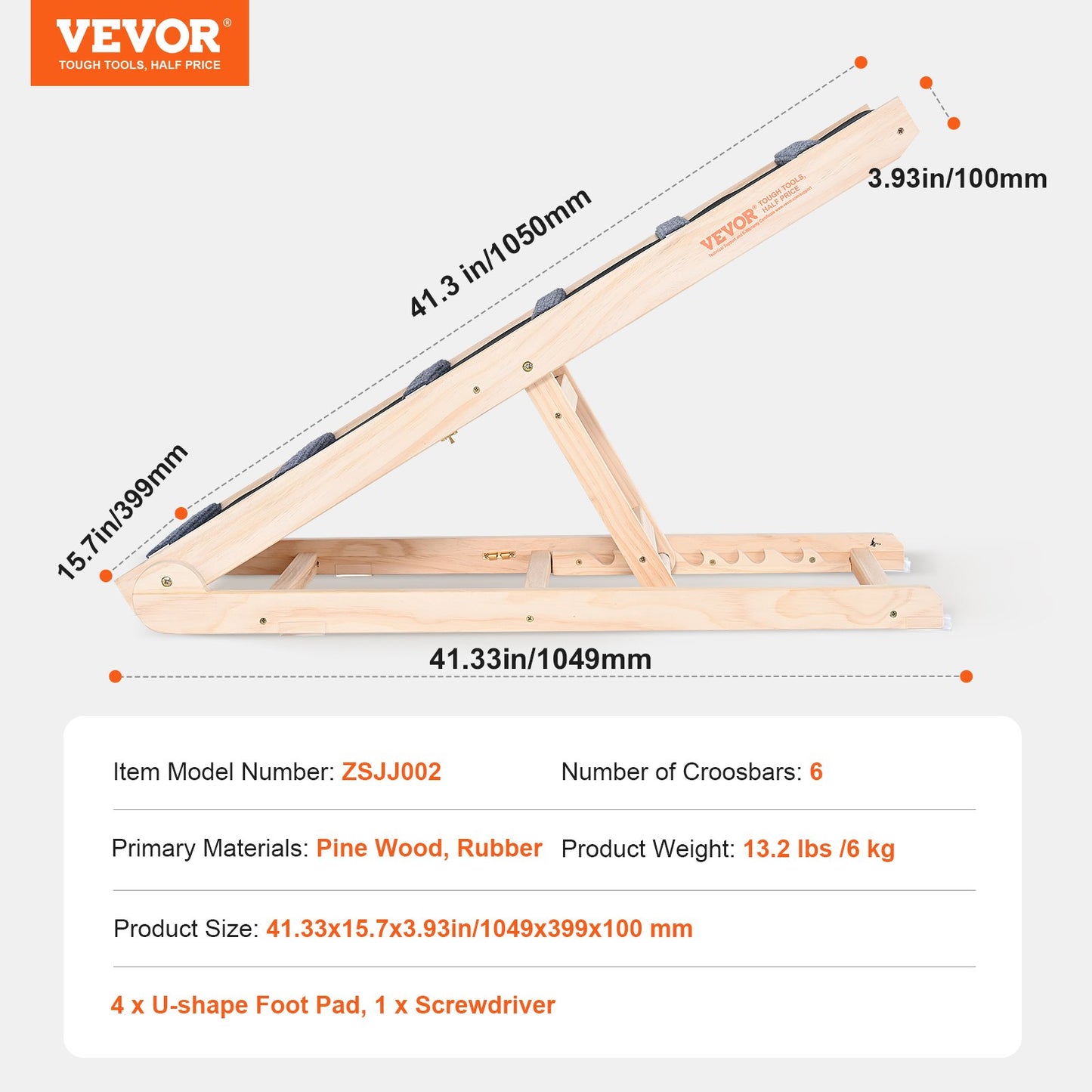 Dog Ramp, Foldable Pet Ramp for Bed, Adjustable Dog Ramp for Small, Large, Old Dogs and Cats, Wooden Pet Ramp with 41.3" Long Ramp, Adjustable from 13.77" to 25.59", Suitable for Sofa, Couch, Car