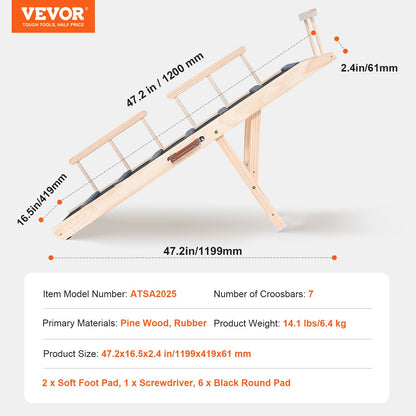 Dog Ramp, Foldable Pet Ramp for Bed, Adjustable Dog Ramp for Small, Large, Old Dogs and Cats, Wooden Pet Ramp with 47.2" Long Ramp, Adjustable from 13.8" to 27.6", Suitable for Sofa, Couch, Car