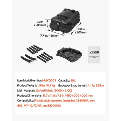 Motorcykel Baksätesväska, 30 L Motorcykel Baksätesväska med Vattentätt Regnskydd, Utomhussport Motorcykel Bagageförvaring Bagagehylla Ryggsäck med Axelremmar, Universal Passform Bakre Räcken, Svart |  EU