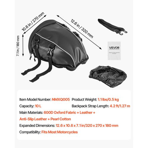 Motorcykel Baksätesväska, 10 L Motorcykel Baksätesväska med Vattentätt Regnskydd, Utomhussport Motorcykel Bagageförvaring Bagagehylla Ryggsäck Handväska med Axelrem och Innerficka, Svart |  EU