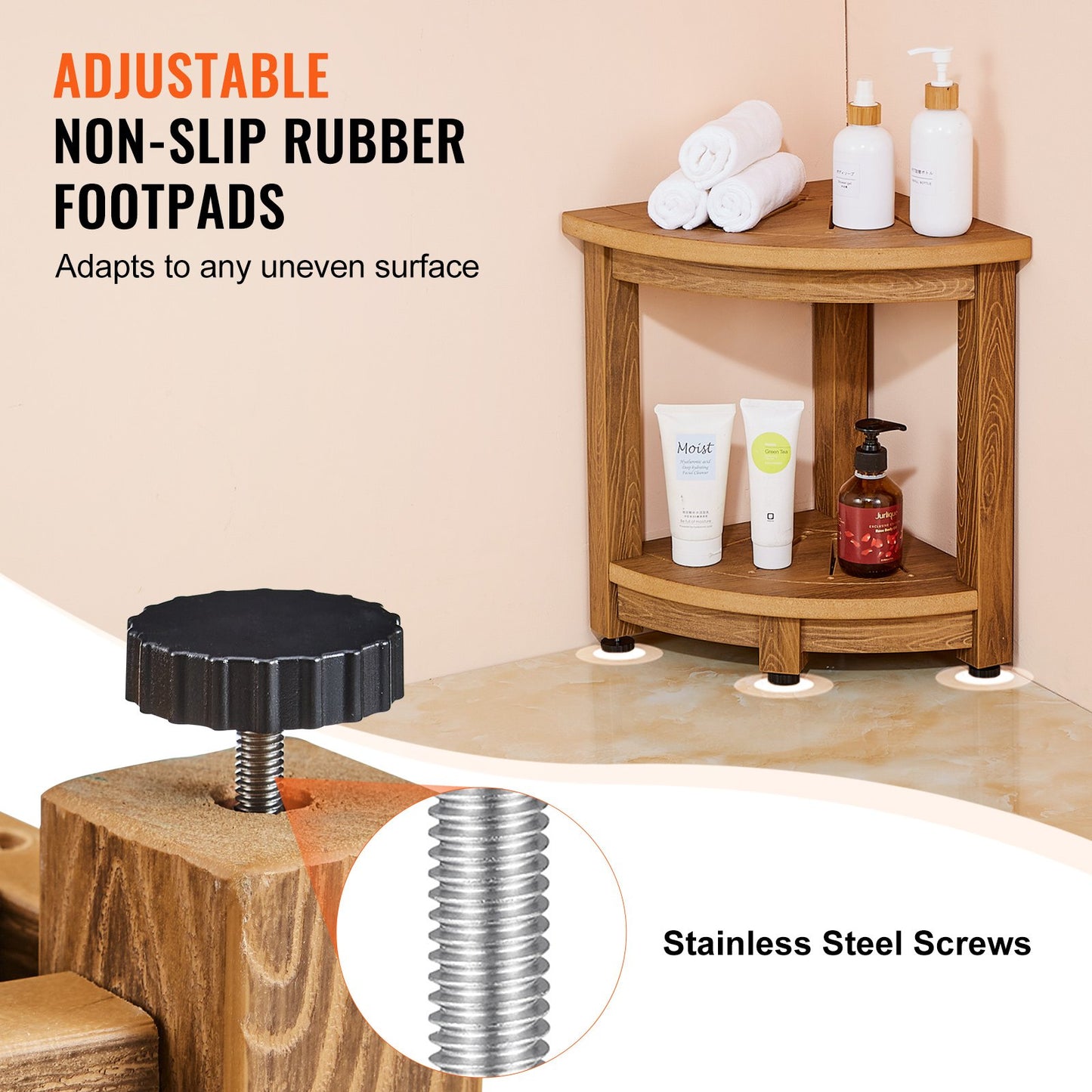 Corner Shower Stool, 16.5" Height 12.8" Radius, Faux Wood Grain Polystyrene, 350 LBS with Storage Shelf, Waterproof, Shower Stool for Indoor and Outdoor Shower, for Bathroom, Living Room